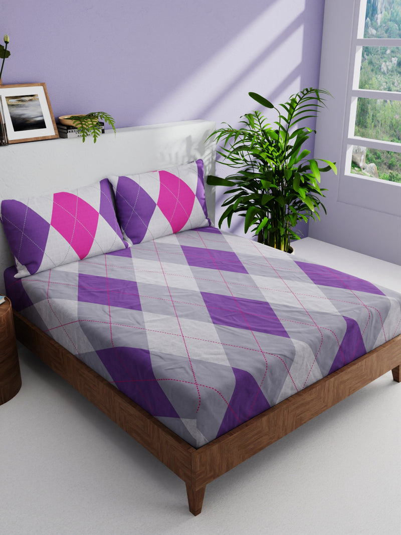 100% Pure Cotton Double Bedsheet With 2 Pillow Covers <small> (geometrical-purple/multi)</small>
