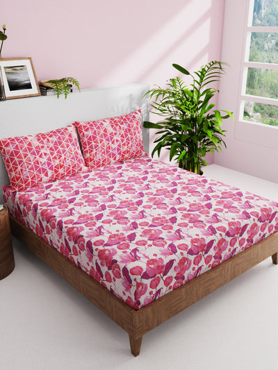 Soft 100% Natural Cotton Double Bedsheet With 2 Pillow Covers <small> (floral-pink)</small>