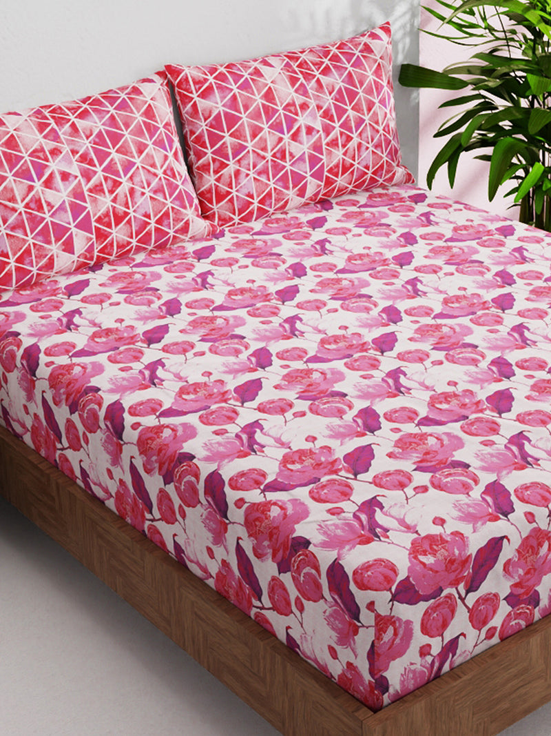 Soft 100% Natural Cotton Double Bedsheet With 2 Pillow Covers <small> (floral-pink)</small>