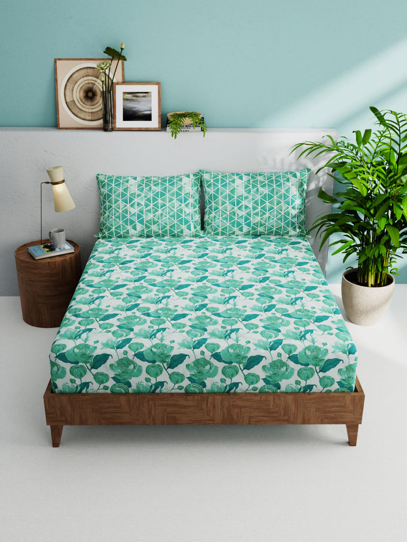 Soft 100% Natural Cotton Double Bedsheet With 2 Pillow Covers <small> (floral-teal)</small>