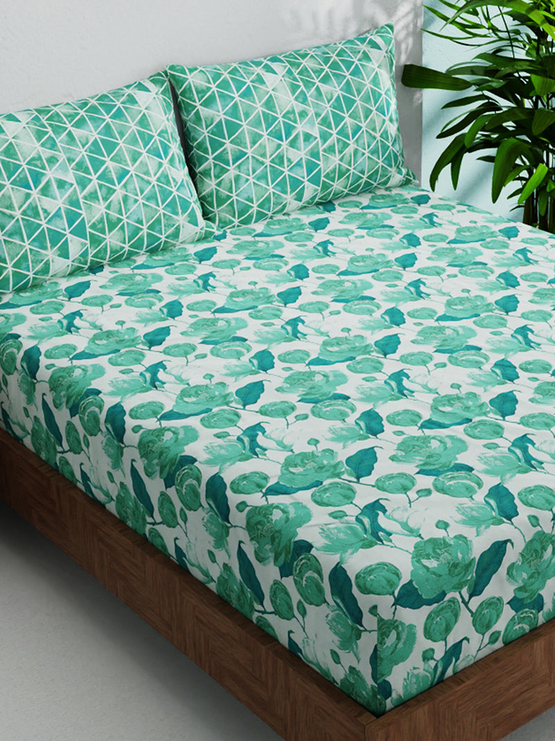 Soft 100% Natural Cotton Double Bedsheet With 2 Pillow Covers <small> (floral-teal)</small>