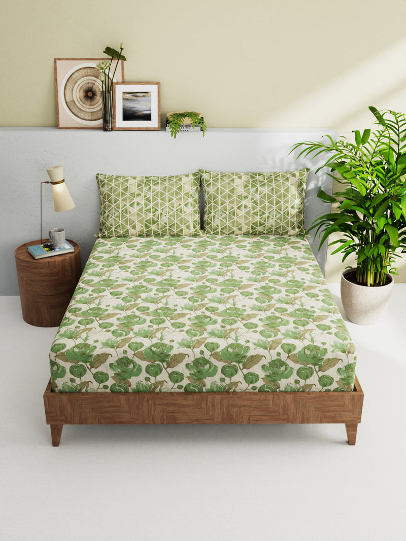 100% Pure Cotton Double Bedsheet With 2 Pillow Covers <small> (floral-sage)</small>