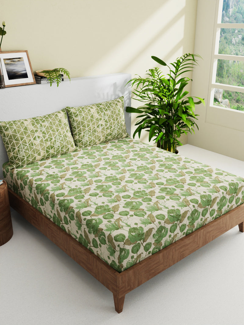 100% Pure Cotton Double Bedsheet With 2 Pillow Covers <small> (floral-sage)</small>