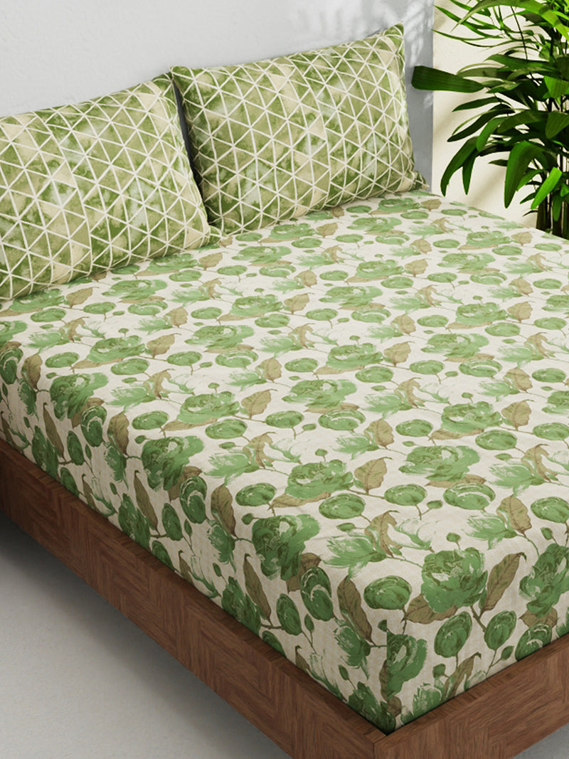 100% Pure Cotton Double Bedsheet With 2 Pillow Covers <small> (floral-sage)</small>