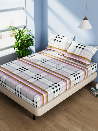 100% Pure Cotton Double Bedsheet With 2 Pillow Covers <small> (stripe-blue/grey)</small>