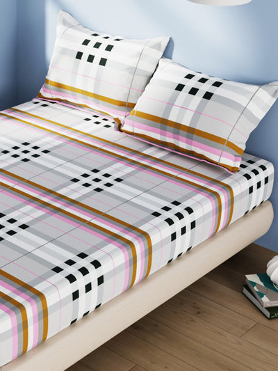 100% Pure Cotton Double Bedsheet With 2 Pillow Covers <small> (stripe-blue/grey)</small>