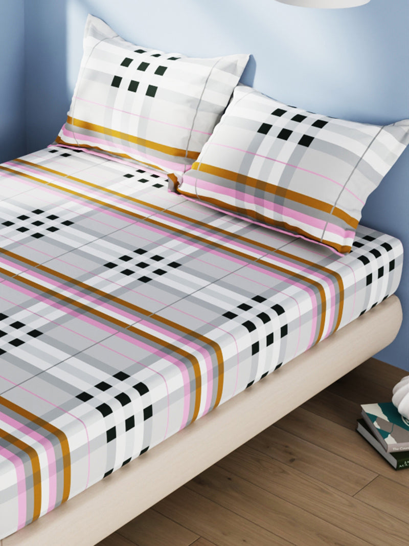 100% Pure Cotton Double Bedsheet With 2 Pillow Covers <small> (stripe-blue/grey)</small>