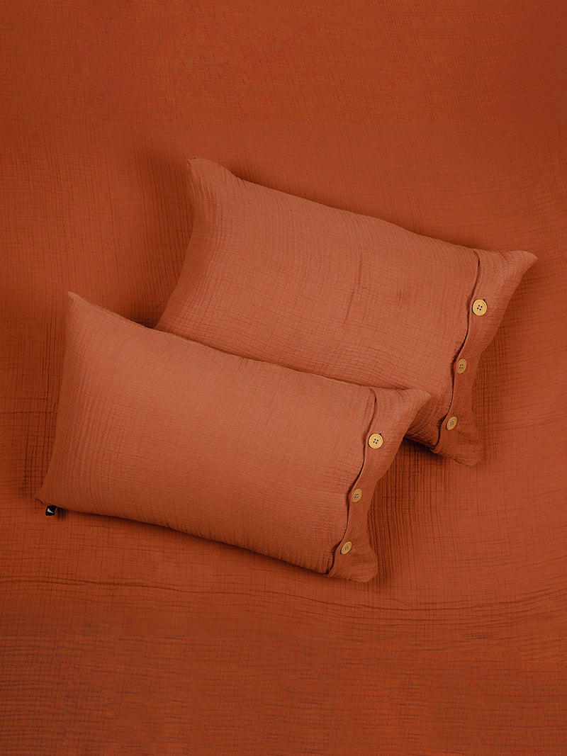 100% Cotton Bedsheet With 2 Pillow Covers With 4 Layers Seersucker <small> (solid-rust)</small>
