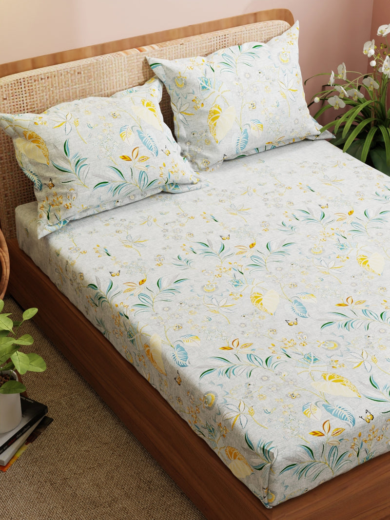 Super Soft 100% Cotton King Bedsheet With 2 Pillow Covers <small> (floral-beige)</small>