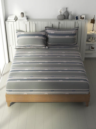 100% Premium Cotton King Bedsheet With 2 Pillow Covers <small> (ornamental-grey/blue)</small>