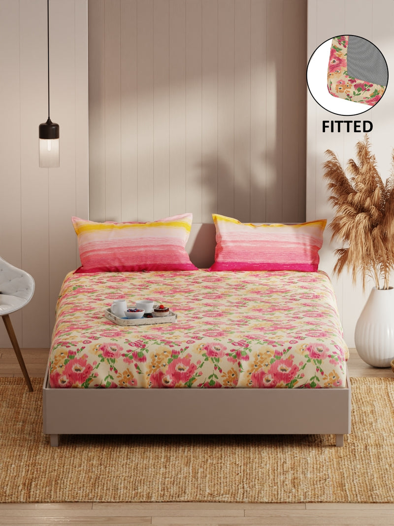 Extra Smooth Micro Fitted Double Bedsheet With 2 Pillow Covers <small> (floral-beige/pink)</small>
