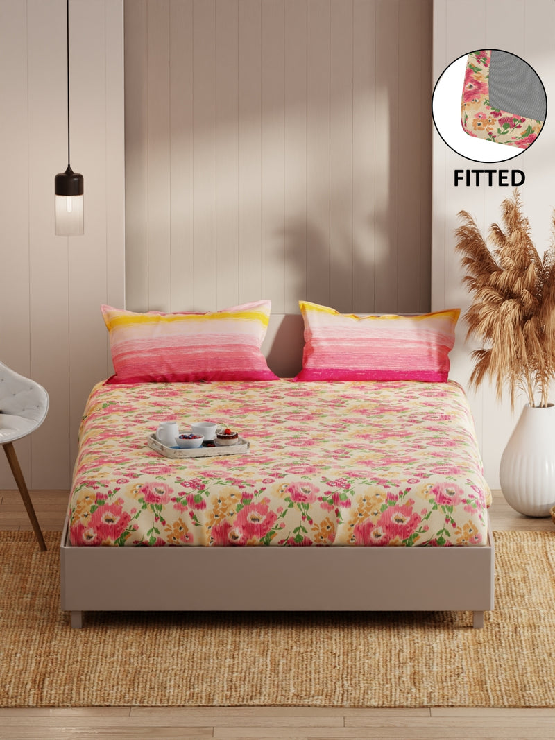 Extra Smooth Micro Double Bedsheet With 2 Pillow Covers <small> (floral-beige/pink)</small>