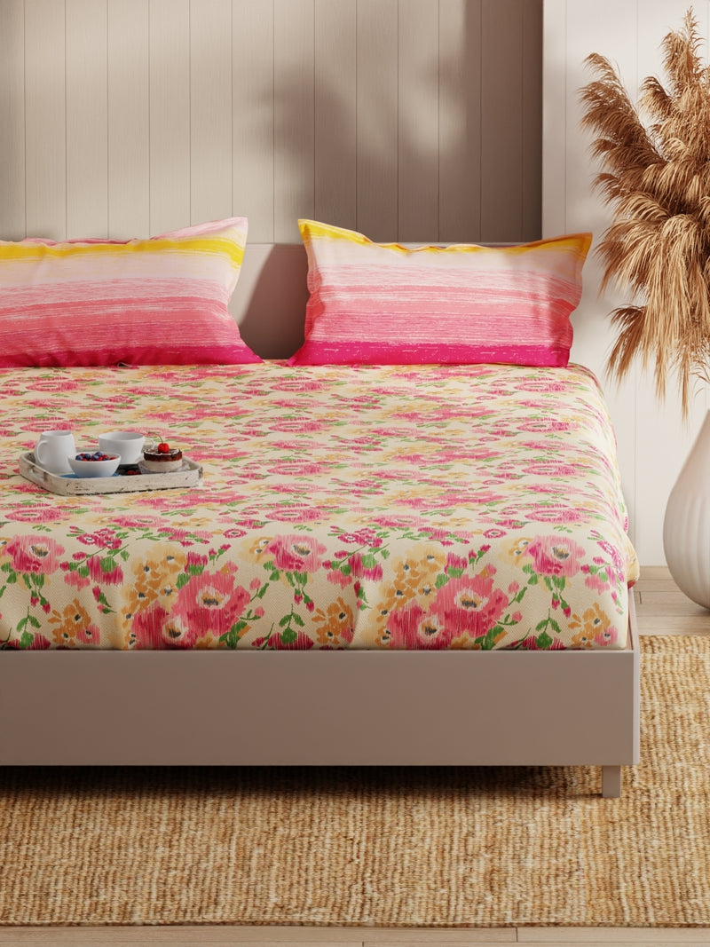 Extra Smooth Micro Fitted Double Bedsheet With 2 Pillow Covers <small> (floral-beige/pink)</small>