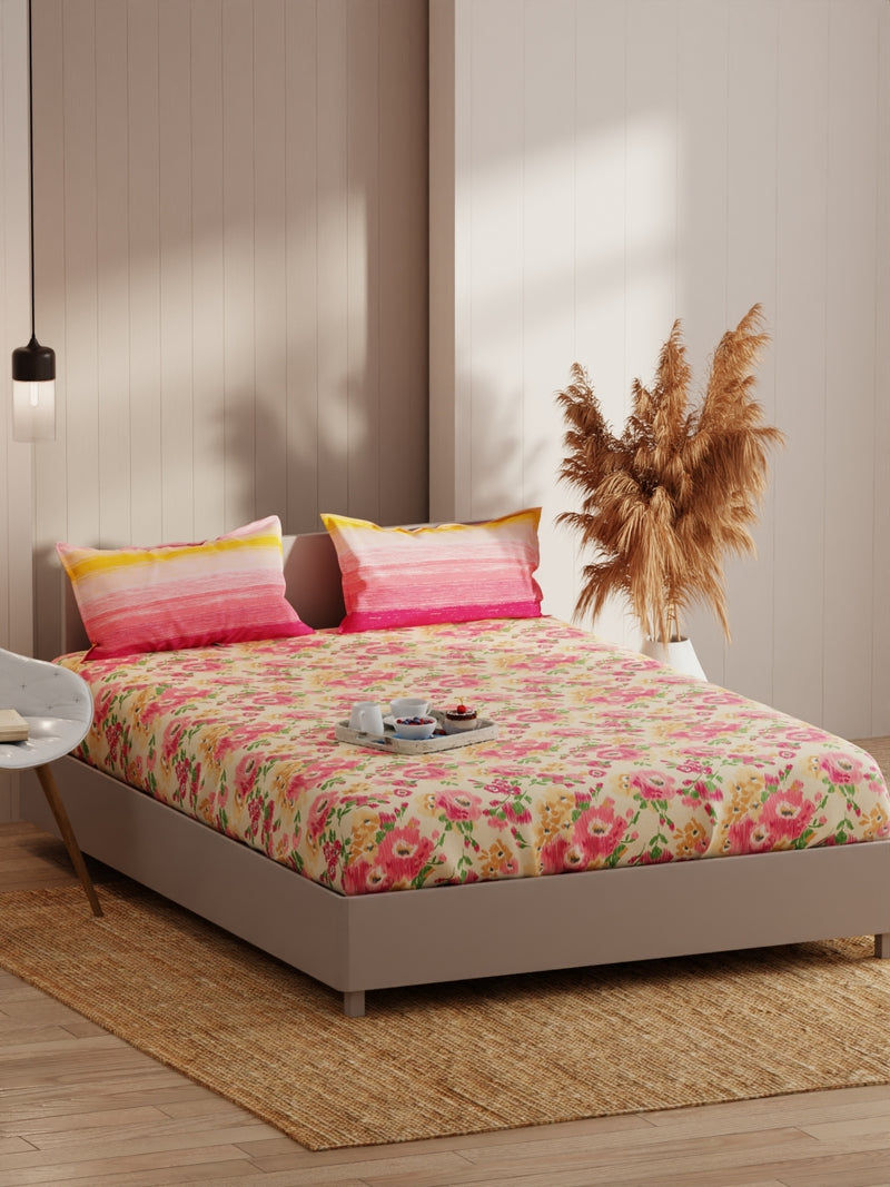 Extra Smooth Micro Fitted Double Bedsheet With 2 Pillow Covers <small> (floral-beige/pink)</small>