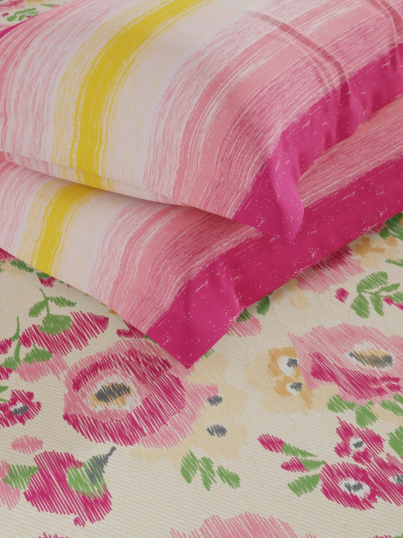 Extra Smooth Micro Fitted Double Bedsheet With 2 Pillow Covers <small> (floral-beige/pink)</small>