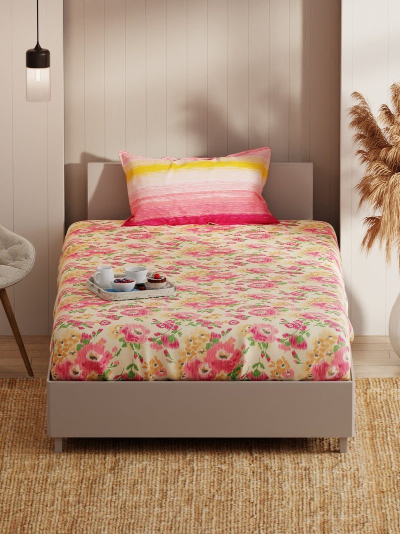 Extra Smooth Micro Single Bedsheet With 1 Pillow Covers <small> (floral-beige/pink)</small>