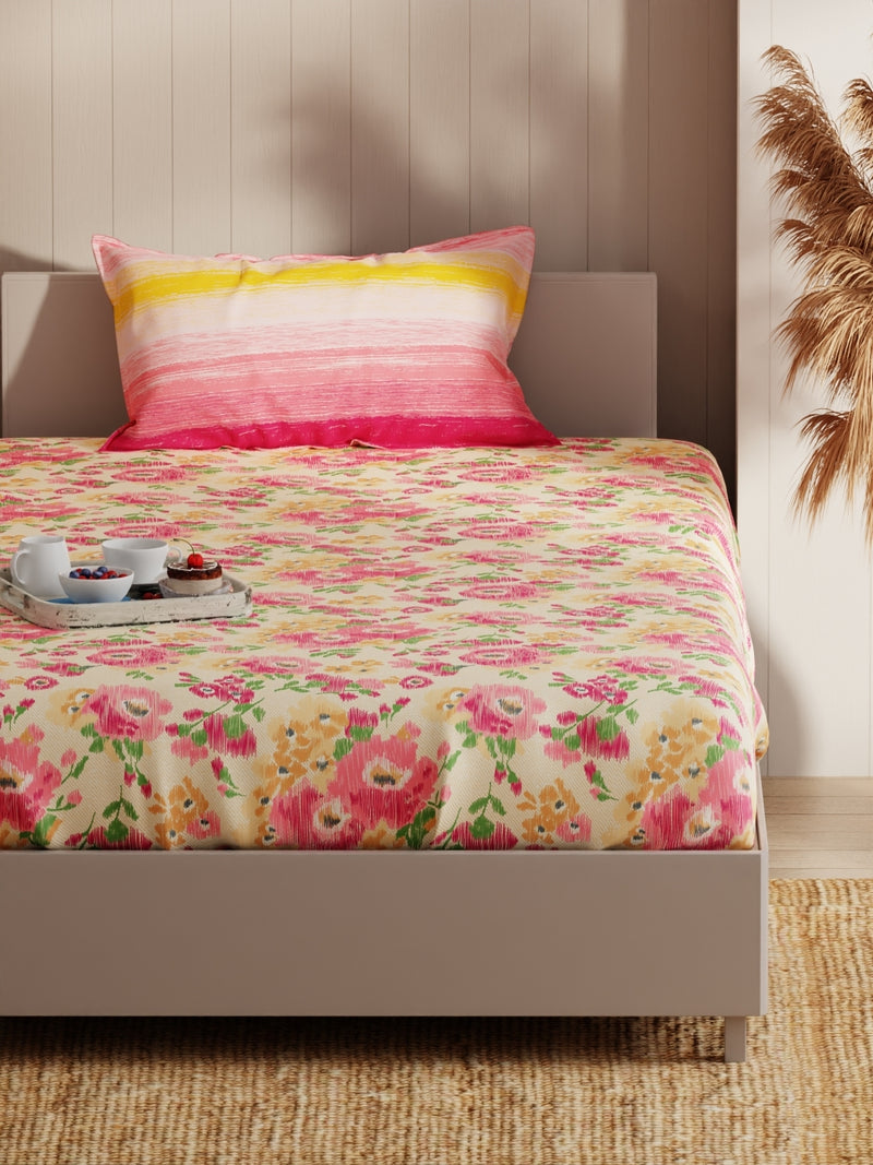 Extra Smooth Micro Single Bedsheet With 1 Pillow Covers <small> (floral-beige/pink)</small>