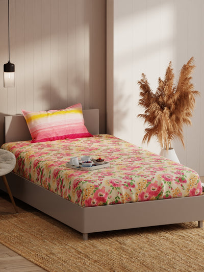 Extra Smooth Micro Single Bedsheet With 1 Pillow Covers <small> (floral-beige/pink)</small>