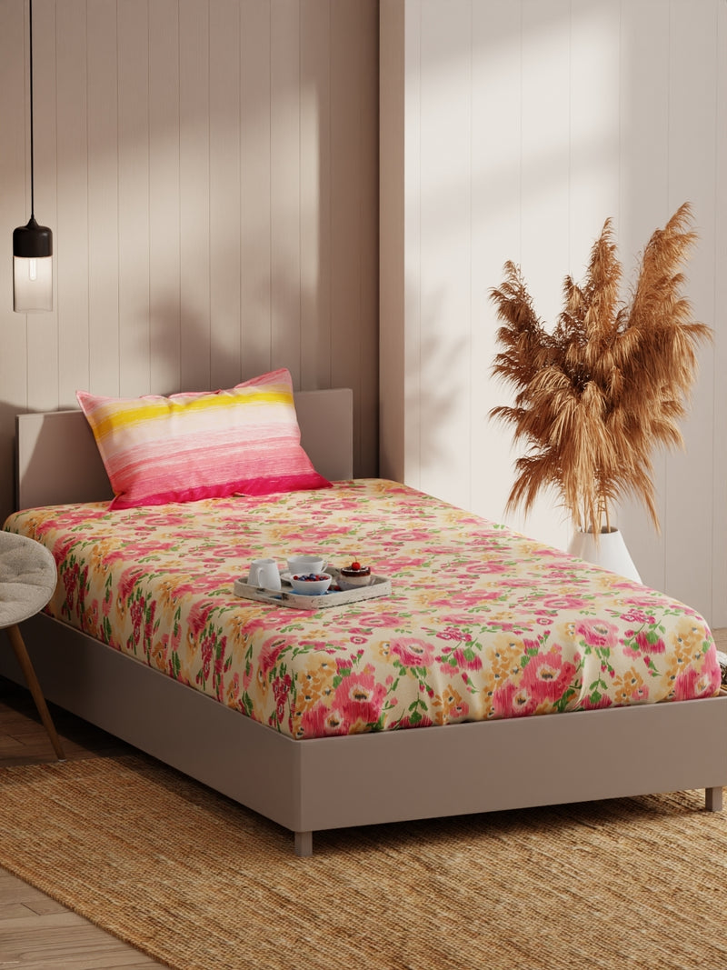 Extra Smooth Micro Single Bedsheet With 1 Pillow Covers <small> (floral-beige/pink)</small>