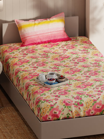 Extra Smooth Micro Single Bedsheet With 1 Pillow Covers <small> (floral-beige/pink)</small>