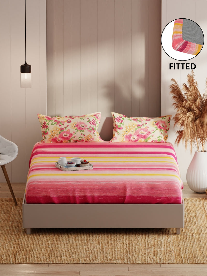Extra Smooth Micro Fitted Double Bedsheet With 2 Pillow Covers <small> (floral-pink/yellow)</small>