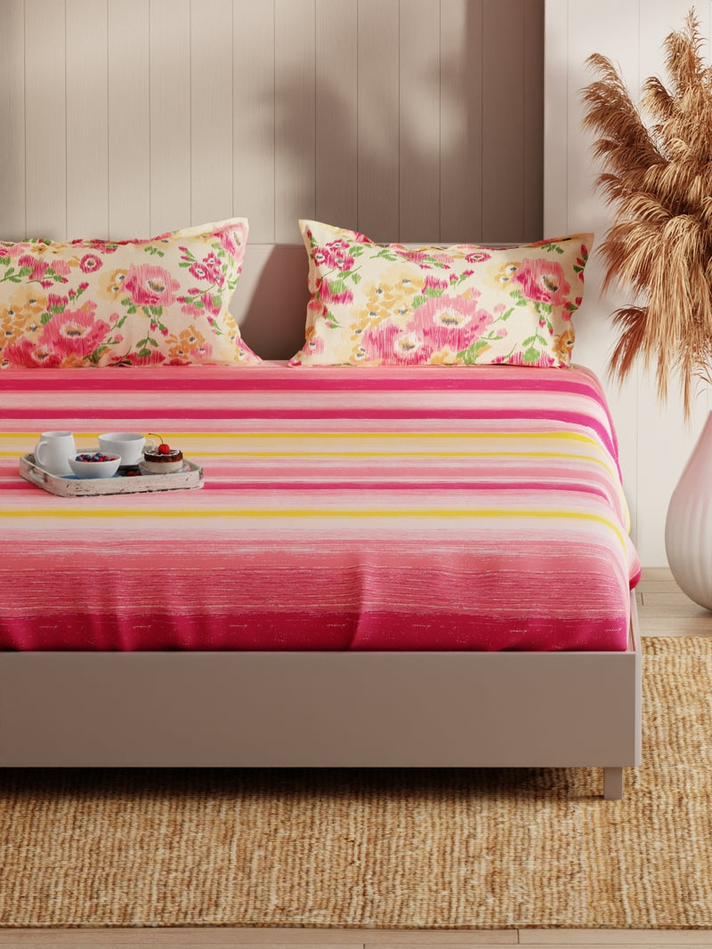 Extra Smooth Micro Fitted Double Bedsheet With 2 Pillow Covers <small> (floral-pink/yellow)</small>