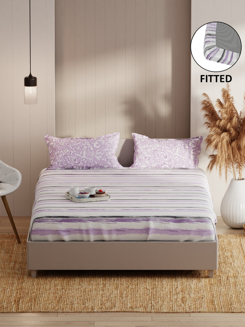 Extra Smooth Micro Fitted Double Bedsheet With 2 Pillow Covers <small> (stripe-grey/lilac)</small>