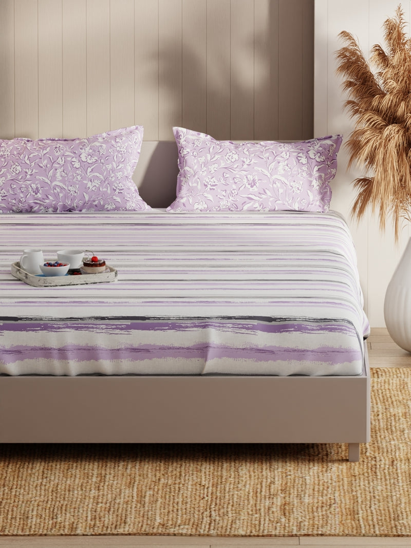 Extra Smooth Micro Fitted Double Bedsheet With 2 Pillow Covers <small> (stripe-grey/lilac)</small>