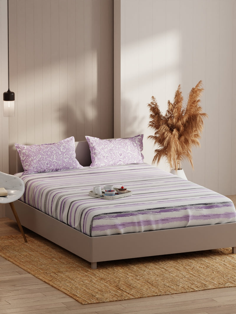 Extra Smooth Micro Fitted Double Bedsheet With 2 Pillow Covers <small> (stripe-grey/lilac)</small>