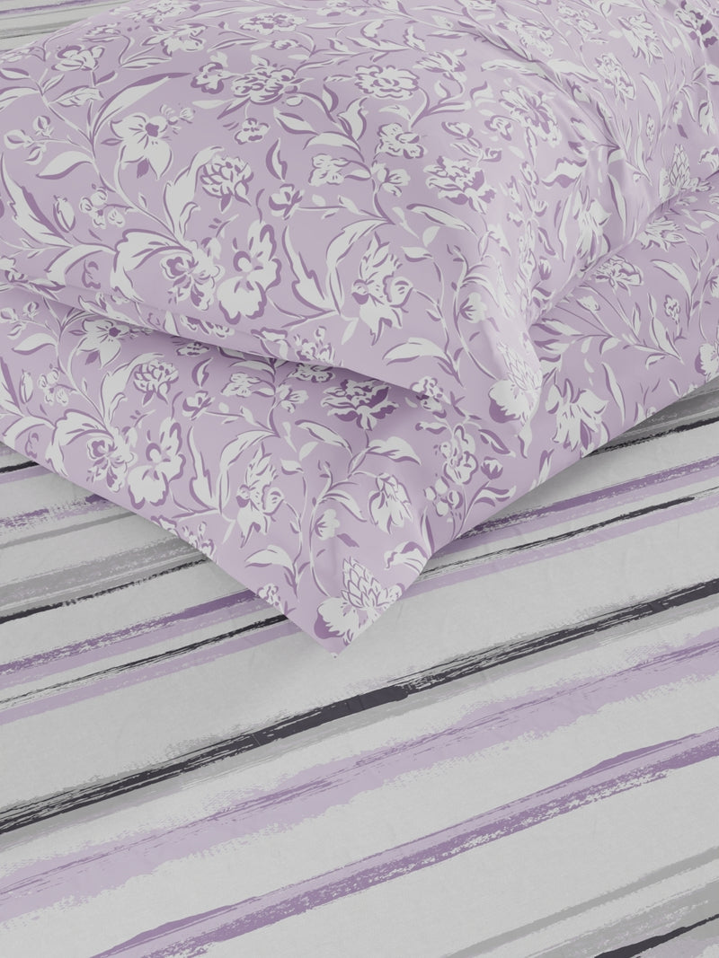 Extra Smooth Micro Fitted Double Bedsheet With 2 Pillow Covers <small> (stripe-grey/lilac)</small>
