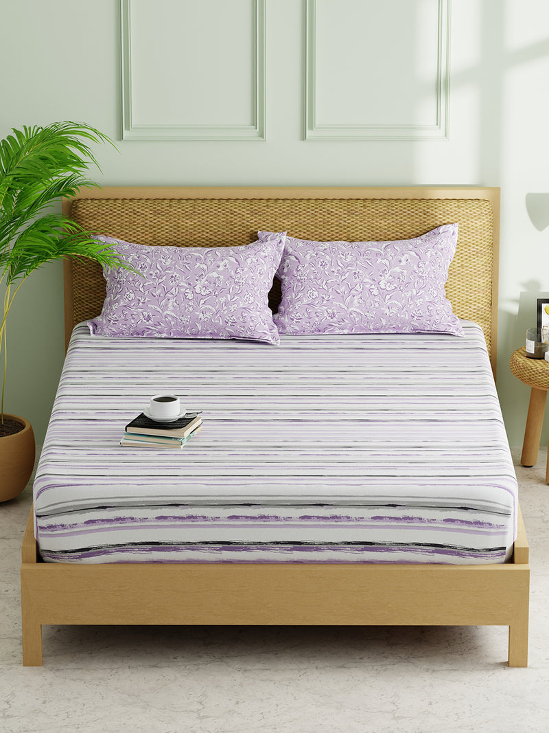 Extra Smooth Micro Double Bedsheet With 2 Pillow Covers <small> (stripe-grey/lilac)</small>