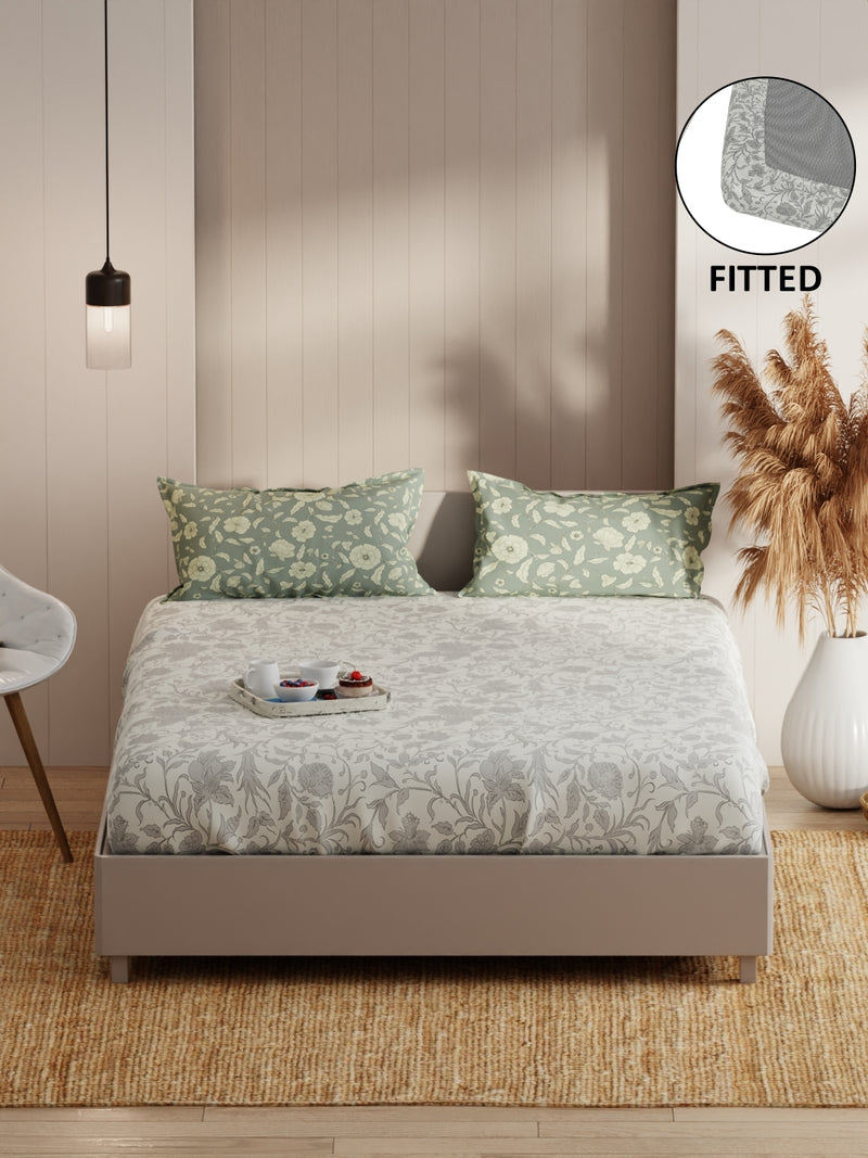 Extra Smooth Micro Fitted Double Bedsheet With 2 Pillow Covers <small> (floral-lt.grey)</small>