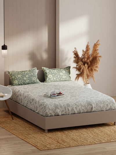 Extra Smooth Micro Fitted Double Bedsheet With 2 Pillow Covers <small> (floral-lt.grey)</small>