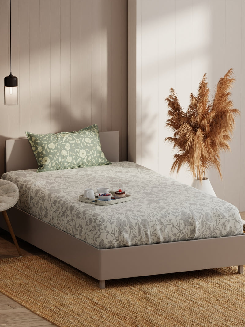 Extra Smooth Micro Single Bedsheet With 1 Pillow Covers <small> (floral-lt.grey)</small>