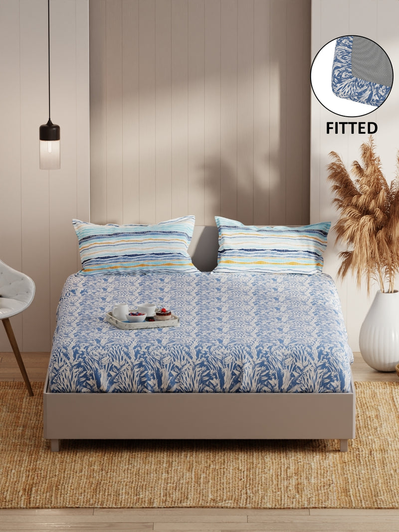 Extra Smooth Micro Fitted Double Bedsheet With 2 Pillow Covers <small> (floral-blue)</small>