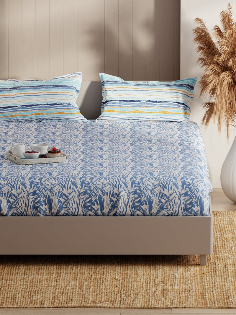 Extra Smooth Micro Fitted Double Bedsheet With 2 Pillow Covers <small> (floral-blue)</small>