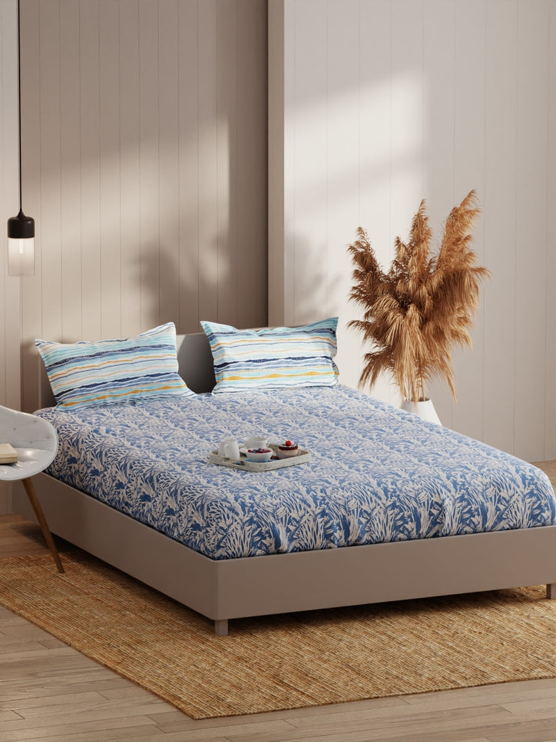 Extra Smooth Micro Fitted Double Bedsheet With 2 Pillow Covers <small> (floral-blue)</small>