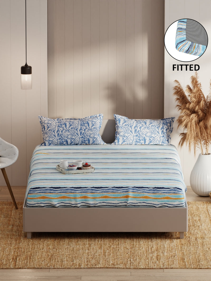 Extra Smooth Micro Fitted Double Bedsheet With 2 Pillow Covers <small> (abstract-blue)</small>