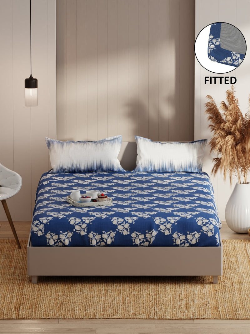 Extra Smooth Micro Fitted Double Bedsheet With 2 Pillow Covers <small> (floral-denim)</small>