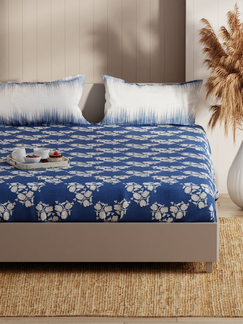 Extra Smooth Micro Fitted Double Bedsheet With 2 Pillow Covers <small> (floral-denim)</small>