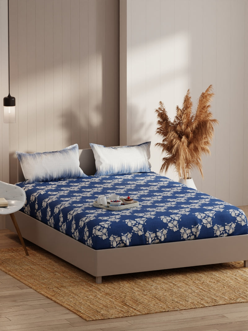 Extra Smooth Micro Fitted Double Bedsheet With 2 Pillow Covers <small> (floral-denim)</small>