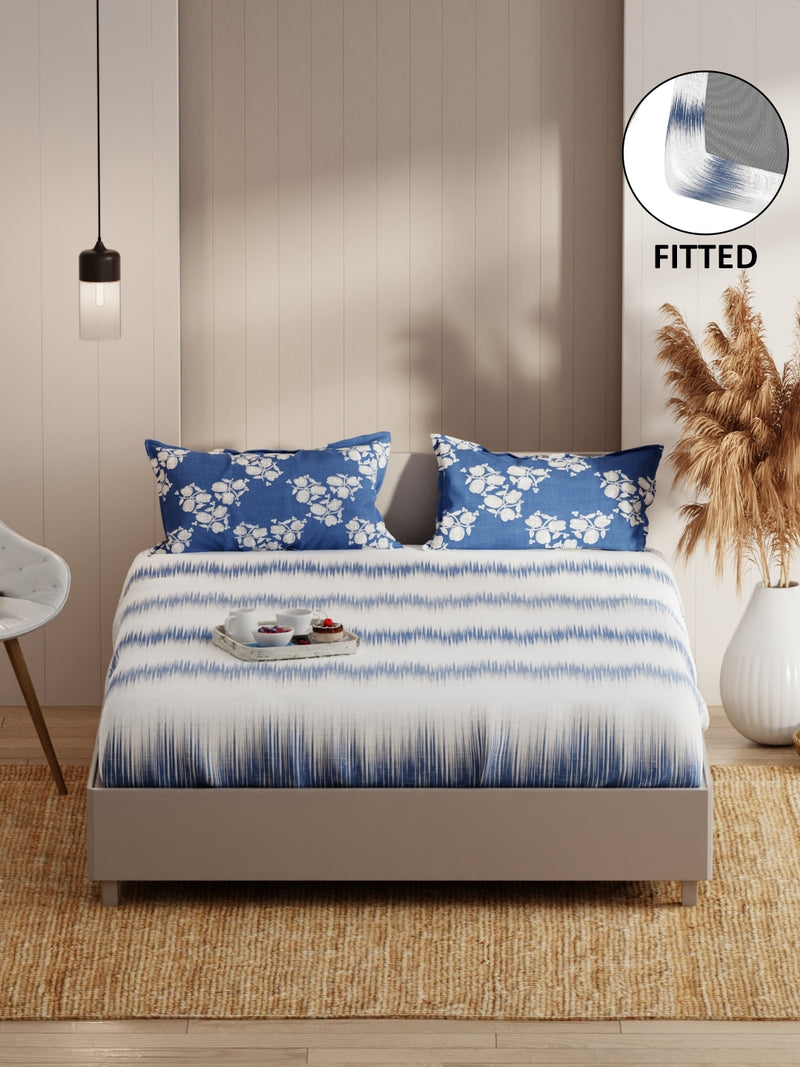 Extra Smooth Micro Fitted Double Bedsheet With 2 Pillow Covers <small> (abstract-denim)</small>
