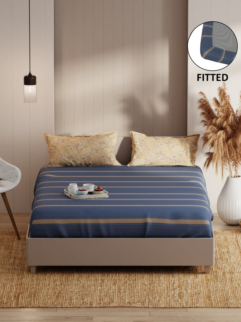 Extra Smooth Micro Fitted Double Bedsheet With 2 Pillow Covers <small> (stripe-denim)</small>