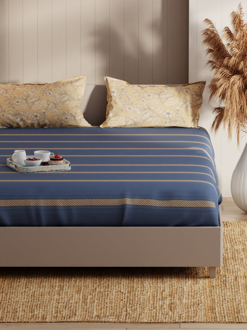 Extra Smooth Micro Fitted Double Bedsheet With 2 Pillow Covers <small> (stripe-denim)</small>
