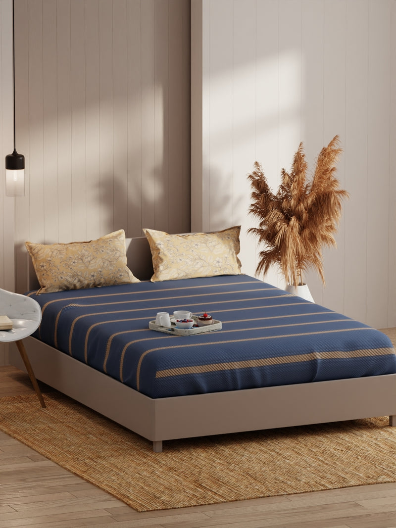 Extra Smooth Micro Fitted Double Bedsheet With 2 Pillow Covers <small> (stripe-denim)</small>