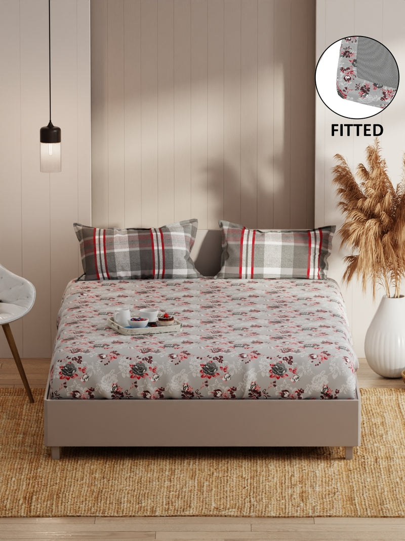 Extra Smooth Micro Fitted Double Bedsheet With 2 Pillow Covers <small> (floral-grey/red)</small>