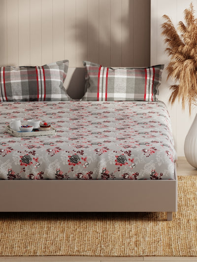 Extra Smooth Micro Fitted Double Bedsheet With 2 Pillow Covers <small> (floral-grey/red)</small>