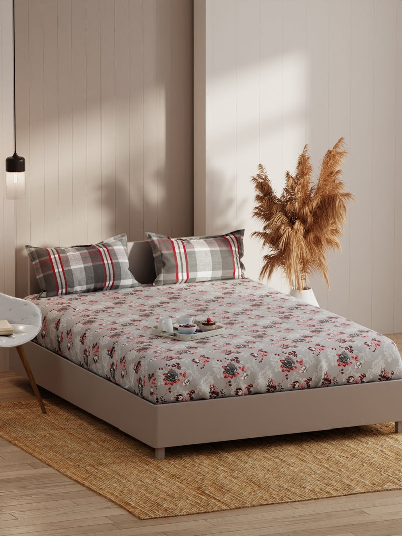 Extra Smooth Micro Fitted Double Bedsheet With 2 Pillow Covers <small> (floral-grey/red)</small>