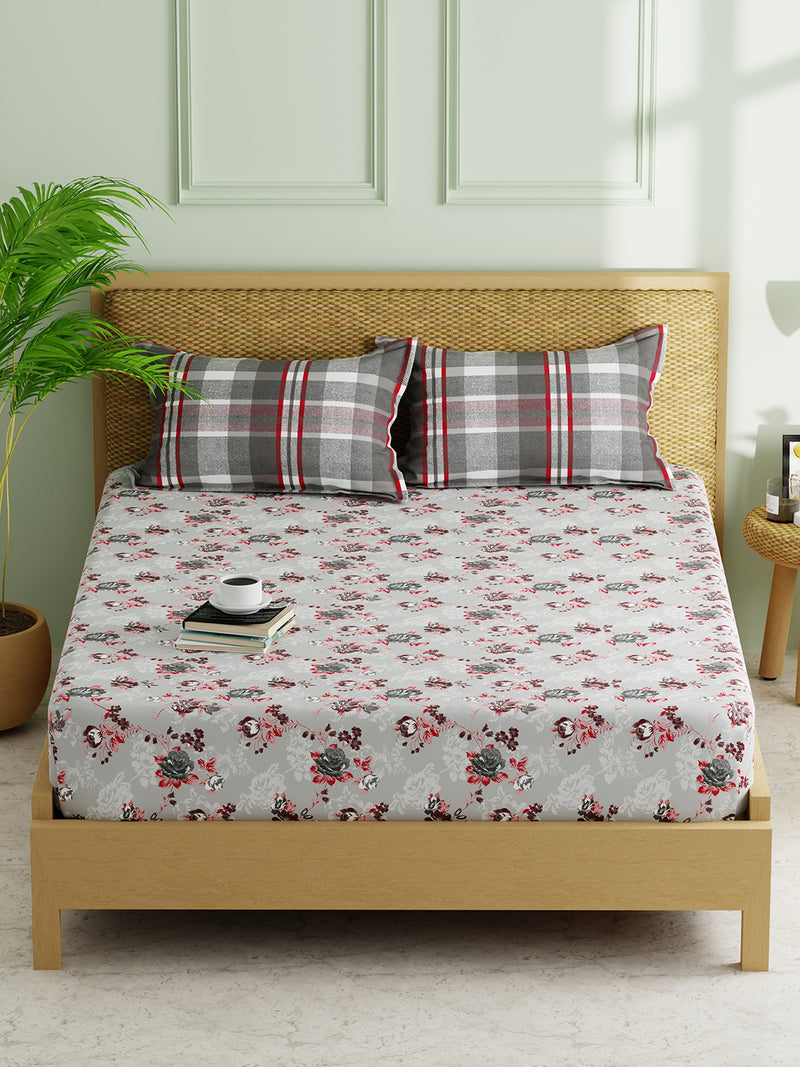 Extra Smooth Micro Double Bedsheet With 2 Pillow Covers <small> (floral-grey/red)</small>