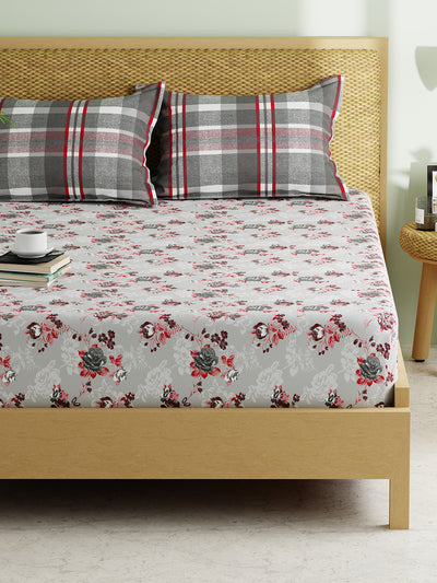 Extra Smooth Micro Double Bedsheet With 2 Pillow Covers <small> (floral-grey/red)</small>